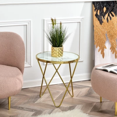 Designer Beistelltisch RAMAL - weißer Marmor / Gold