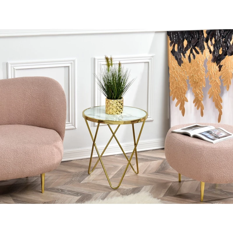 Designer Beistelltisch RAMAL - weißer Marmor / Gold
