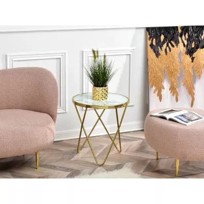 Designer Beistelltisch RAMAL - weißer Marmor / Gold