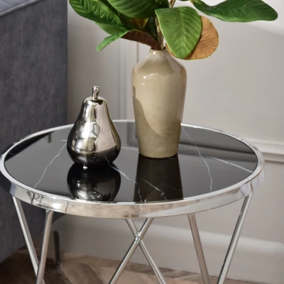 Designer Beistelltisch RAMAL - schwarzer Marmor / Chrom