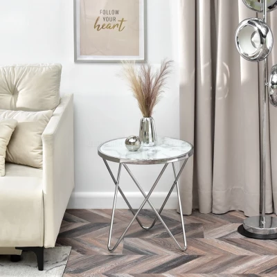 Designer Beistelltisch RAMAL - weißer Marmor / Chrom