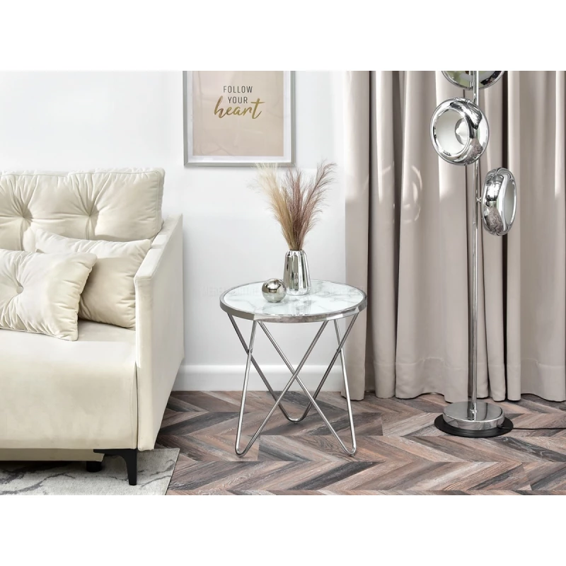 Designer Beistelltisch RAMAL - weißer Marmor / Chrom