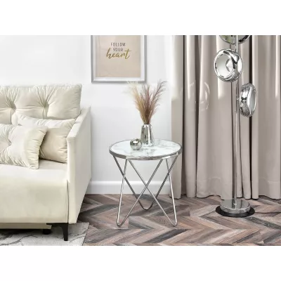 Designer Beistelltisch RAMAL - weißer Marmor / Chrom