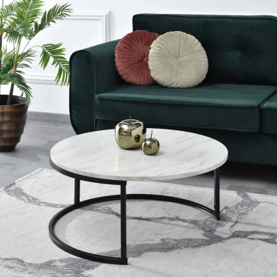 Runder Couchtisch RIVANO - beige Marmor / schwarz
