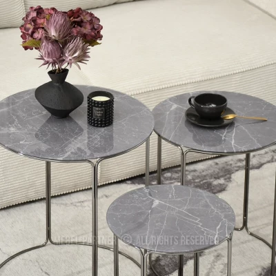 EVAN Couchtisch-Set - grauer Marmor / Nickel
