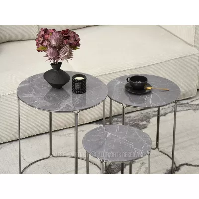 EVAN Couchtisch-Set - grauer Marmor / Nickel