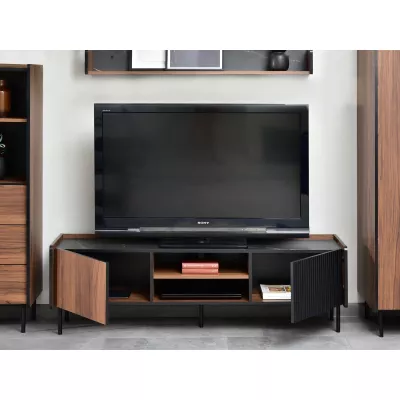 TV-Ständer 150 NORLAN - Walnuss / schwarzer Marmor / schwarz