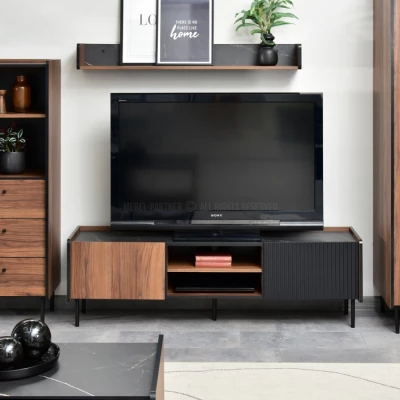 TV-Ständer 150 NORLAN - Walnuss / schwarzer Marmor / schwarz