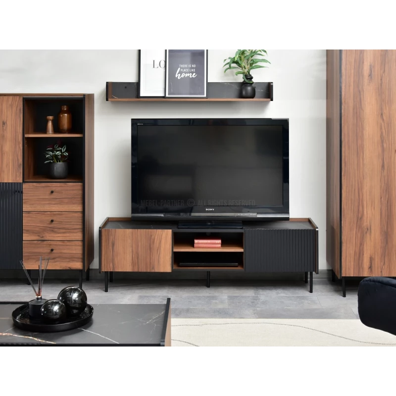 TV-Ständer 150 NORLAN - Walnuss / schwarzer Marmor / schwarz
