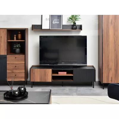 TV-Ständer 150 NORLAN - Walnuss / schwarzer Marmor / schwarz