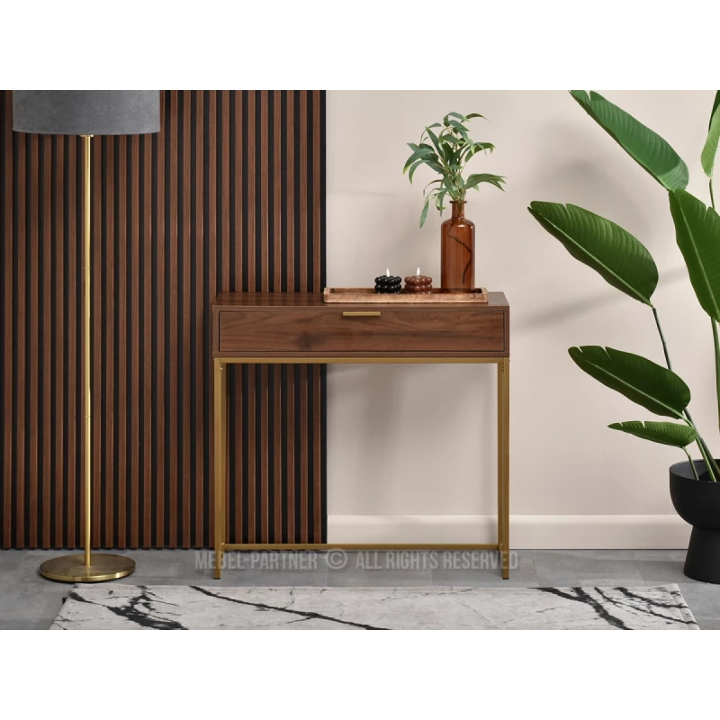 NIRAI Konsolentisch mit Schublade - Walnuss / Gold
