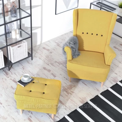 Polsterhocker DENIZ - gelb / Buche Polsterhocker DENIZ - gelb / Buche