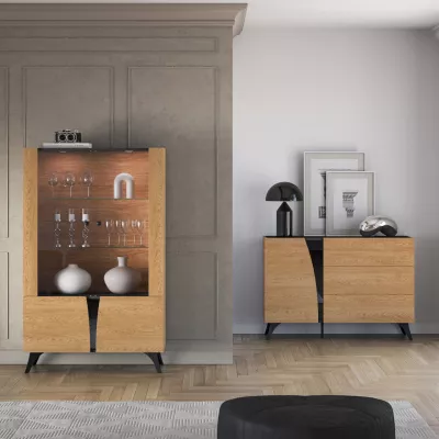 Vitrine mit Glastüren ANNIKA - baltische Düneneiche / schwarze Portlandesche