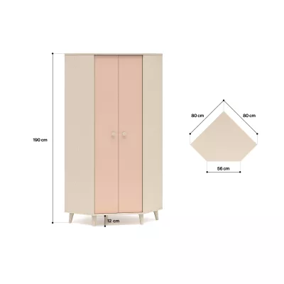 Eckkleiderschrank 80 cm für Kinderzimmer OLIVIA - beige/rosa