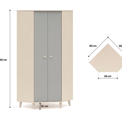 Eckkleiderschrank 80 cm für Kinderzimmer OLIVIA - beige/grau