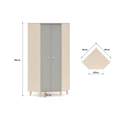 Eckkleiderschrank 80 cm für Kinderzimmer OLIVIA - beige/grau