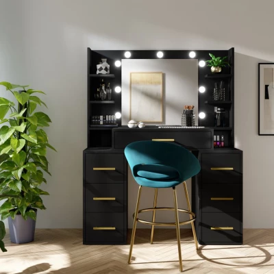 Schminktisch mit Spiegel BERTHA – schwarz + GRATIS LED-Beleuchtung