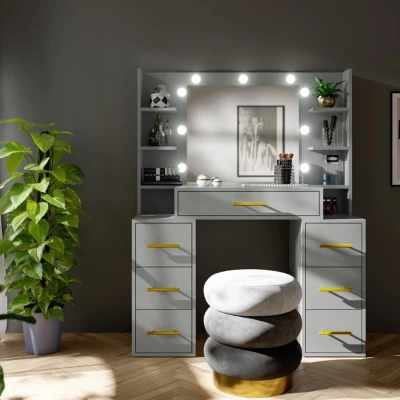 Schminktisch mit Spiegel BERTHA – grau + GRATIS LED-Beleuchtung