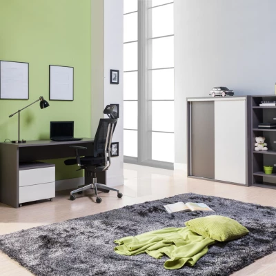 Kleiderschrank mit Regalen, 120 cm, MANKATO – grau/glänzend weiß