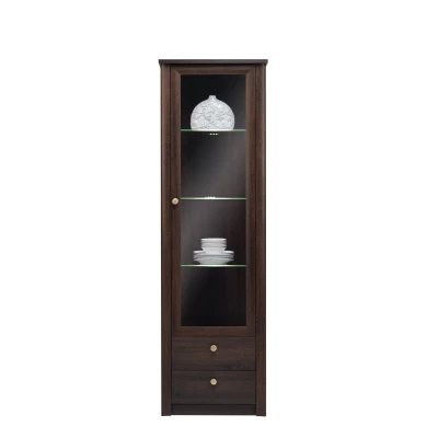 Schmale Vitrine mit Schubladen FRIDLEY - Sonoma Oak Chocolate + GRATIS LED-Beleuchtung