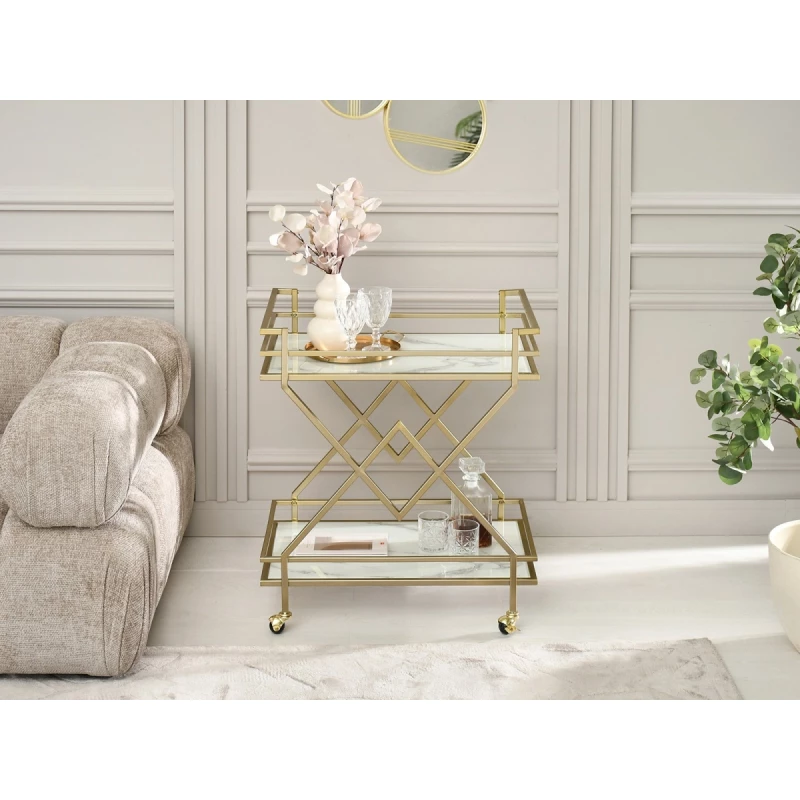 Designer Serviertisch NIKOLAS - weißer Marmor / Gold