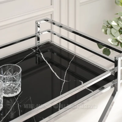 Designer Serviertisch NIKOLAS - schwarzer Marmor / Chrom