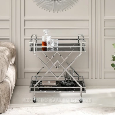 Designer Serviertisch NIKOLAS - schwarzer Marmor / Chrom