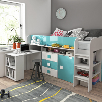 Kinderbett mit Schreibtisch und Stauraum Sisi - weiß/türkis