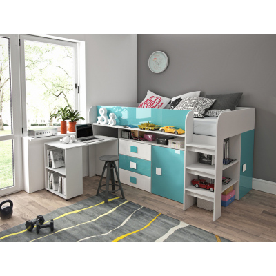 Kinderbett mit Schreibtisch und Stauraum Sisi - weiß/türkis