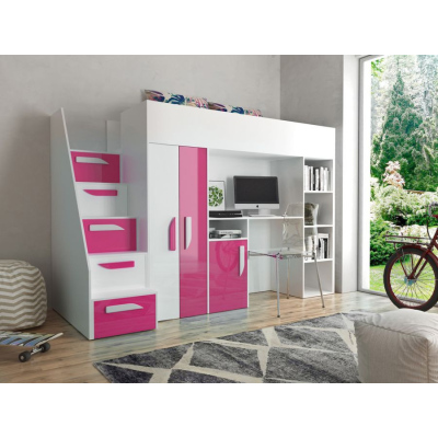 Etagenbett mit Schreibtisch Klára - weiß/rosa