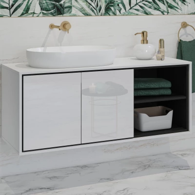Badezimmerschrank 120 cm AMPHION unter dem Waschbecken - weiß/schwarz
