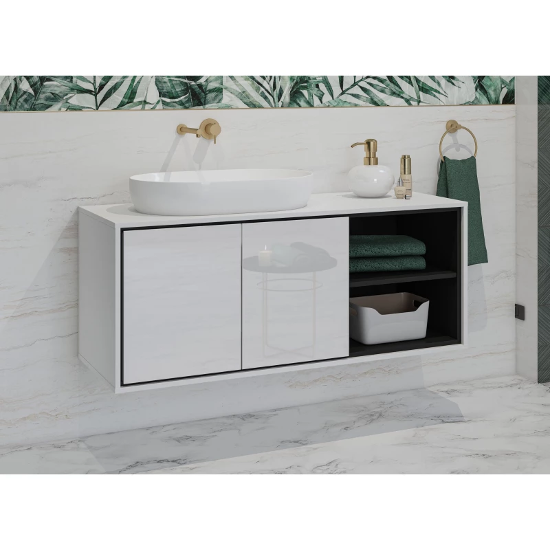 Badezimmerschrank 120 cm AMPHION unter dem Waschbecken - weiß/schwarz