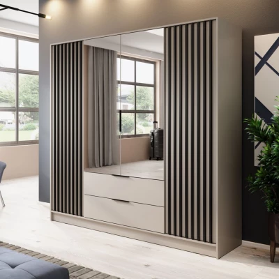 Viertüriger Kleiderschrank mit Spiegel MARFA – Breite 206 cm, Kaschmir/Schwarz