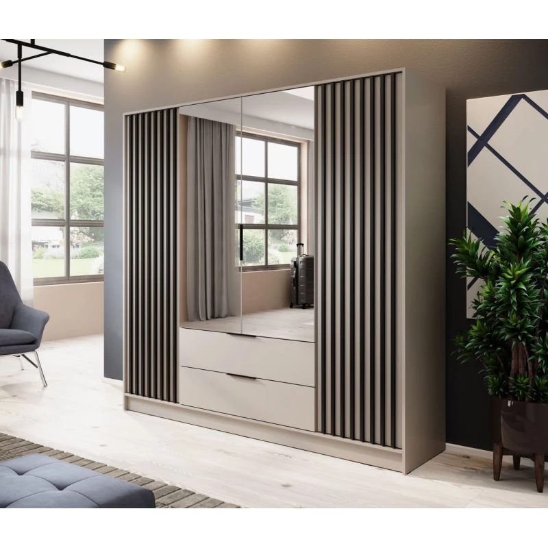 Viertüriger Kleiderschrank mit Spiegel MARFA – Breite 206 cm, Kaschmir/Schwarz