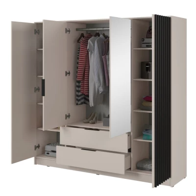 Viertüriger Kleiderschrank mit Spiegel MARFA – Breite 206 cm, Kaschmir/Schwarz