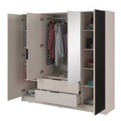 Viertüriger Kleiderschrank mit Spiegel MARFA – Breite 206 cm, Kaschmir/Schwarz