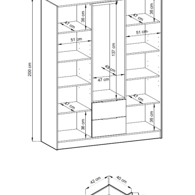Dreitüriger Kleiderschrank mit Spiegel MARFA – Breite 155 cm, Kaschmir/Schwarz