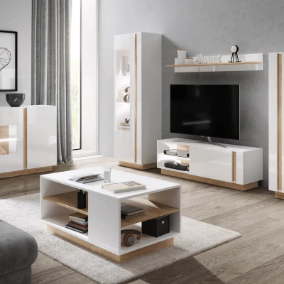 TV-Lowboard 138 cm DOTHAN - Grandson Eiche / Weiß / Hochglanzweiß