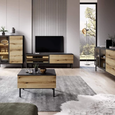 TV-Ständer 150 cm DEMOPOLIS - evoke Eiche / Schwarz + KOSTENLOSE LED-Beleuchtung