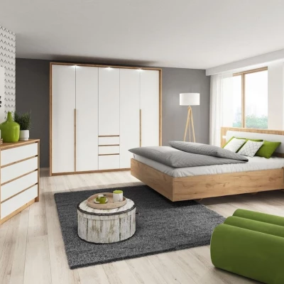 Schlafzimmer-Set mit Bett 160x200 HELFIN 1 - Kraft Eiche Gold/Weiß + GRATIS LED-Beleuchtung