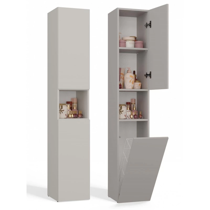 Schmaler Badezimmerschrank 31 cm mit Wäschekorb ATSO 8 - Kaschmir