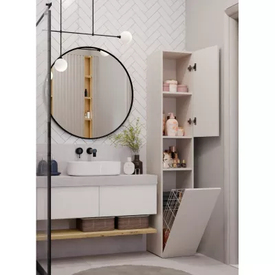 Schmaler Badezimmerschrank 31 cm mit Wäschekorb ATSO 8 - Kaschmir