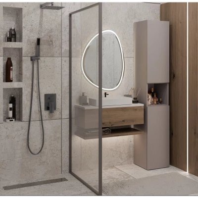 Schmaler Badezimmerschrank 31 cm mit Wäschekorb ATSO 8 - grau