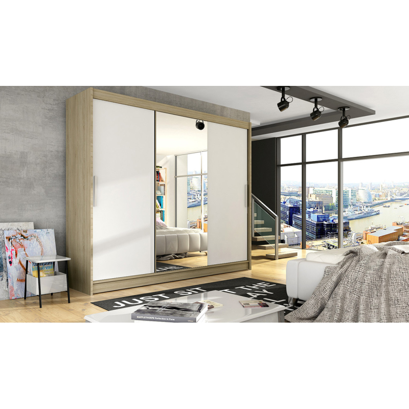 Geräumiger Kleiderschrank mit Spiegel Asta – Breite 250 cm, Sonoma/weiß