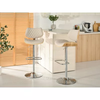 Verstellbarer Barhocker EUNICE - Eiche / Beige / Chrom