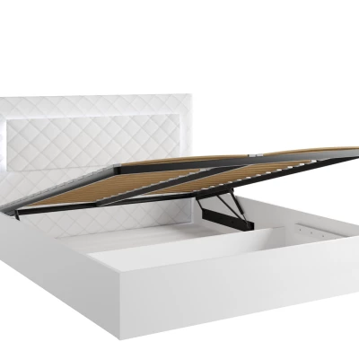 Doppelbett mit Stauraum 160x200 PAMPLONA - Alpinweiß / Hochglanzweiß + GRATIS LED-Beleuchtung