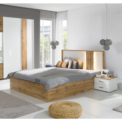Doppelbett mit Stauraum 160x200 GARZON - Wotan-Eiche / Alpinweiß + GRATIS LED-Beleuchtung