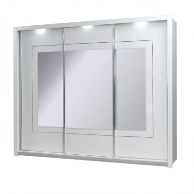Großer Spiegelschrank 258 cm PAMPLONA – Alpinweiß / Hochglanzweiß + GRATIS LED-Beleuchtung