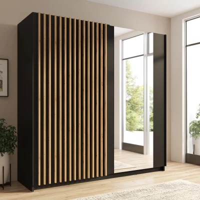 Großer Kleiderschrank 201 cm mit Spiegel SINCEJELO - Eiche handwerklich / schwarz