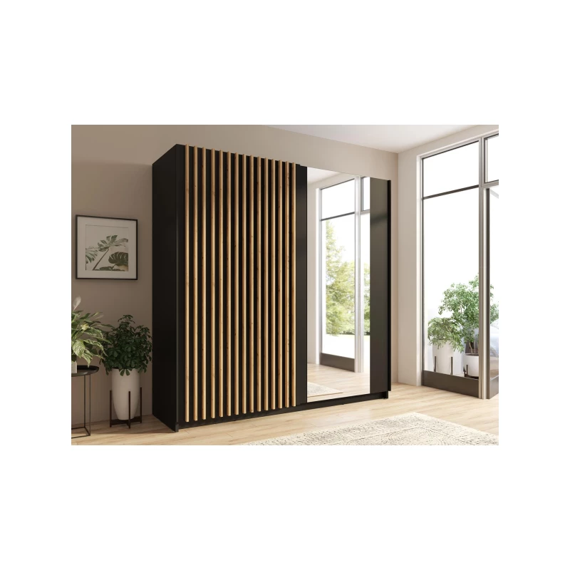 Großer Kleiderschrank 201 cm mit Spiegel SINCEJELO - Eiche handwerklich / schwarz
